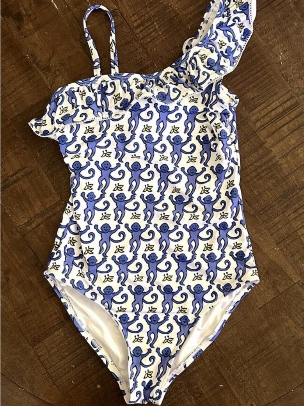 Roller Rabbit Kids 14/16 One-Shoulder Monkey Print Swimsuit in Blue